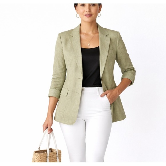 Kasper Jackets & Blazers - KASPER Size 8P Green Linen Blend One Button Blazer Jacket Office Professional